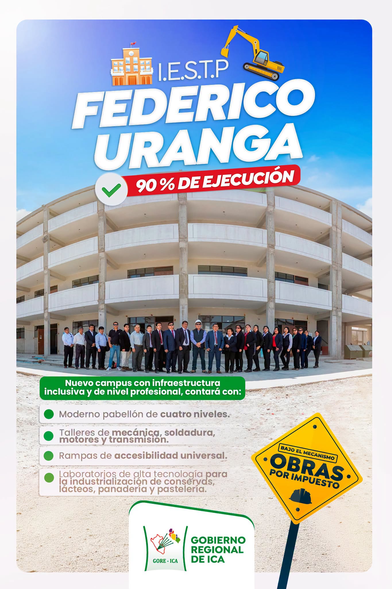 RECONSTRUCCIÓN DEL I.E.S.T.P. FEDERICO URANGA EN PISCO ALCANZA EL 90 % DE AVANCE